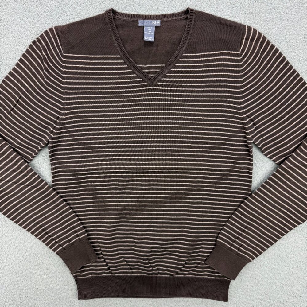 H&M Sweater Mens Small S Brown Stripe V Neck Knit Long Sleeve Pullover Casual
